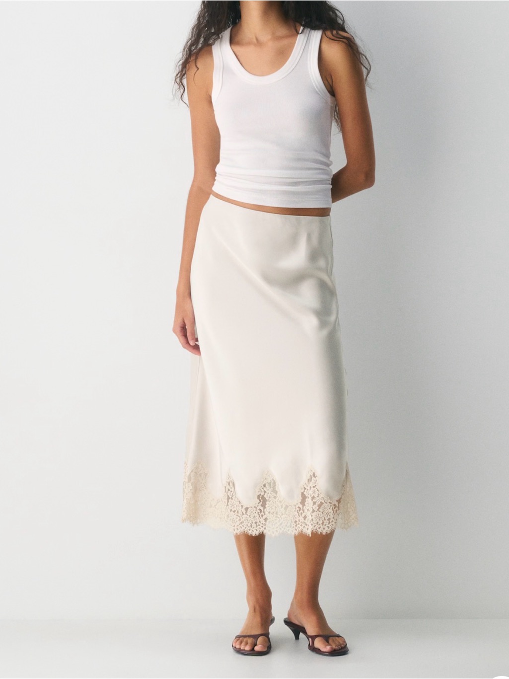 Aritzia Henrietta Satin Cream Lace-Hem Midi Skirt